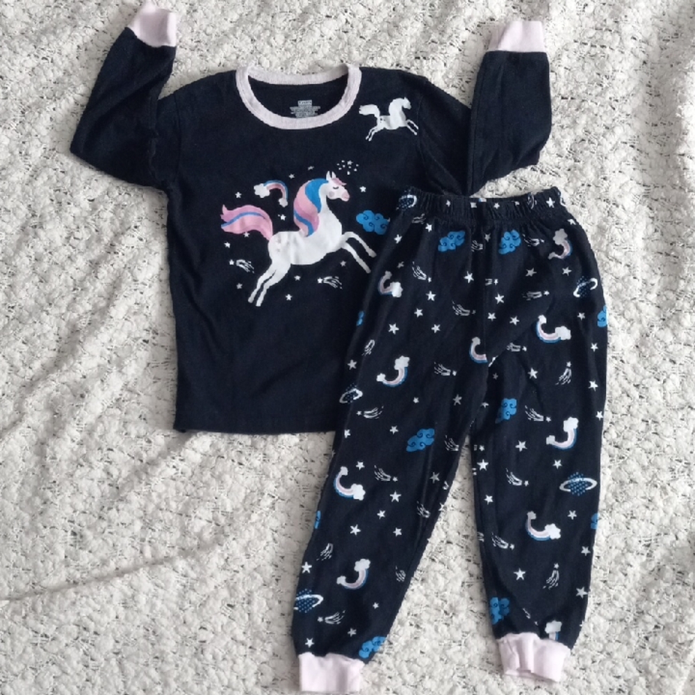 Unicorn Print Kids Pajamas - Black and Pink Size 5